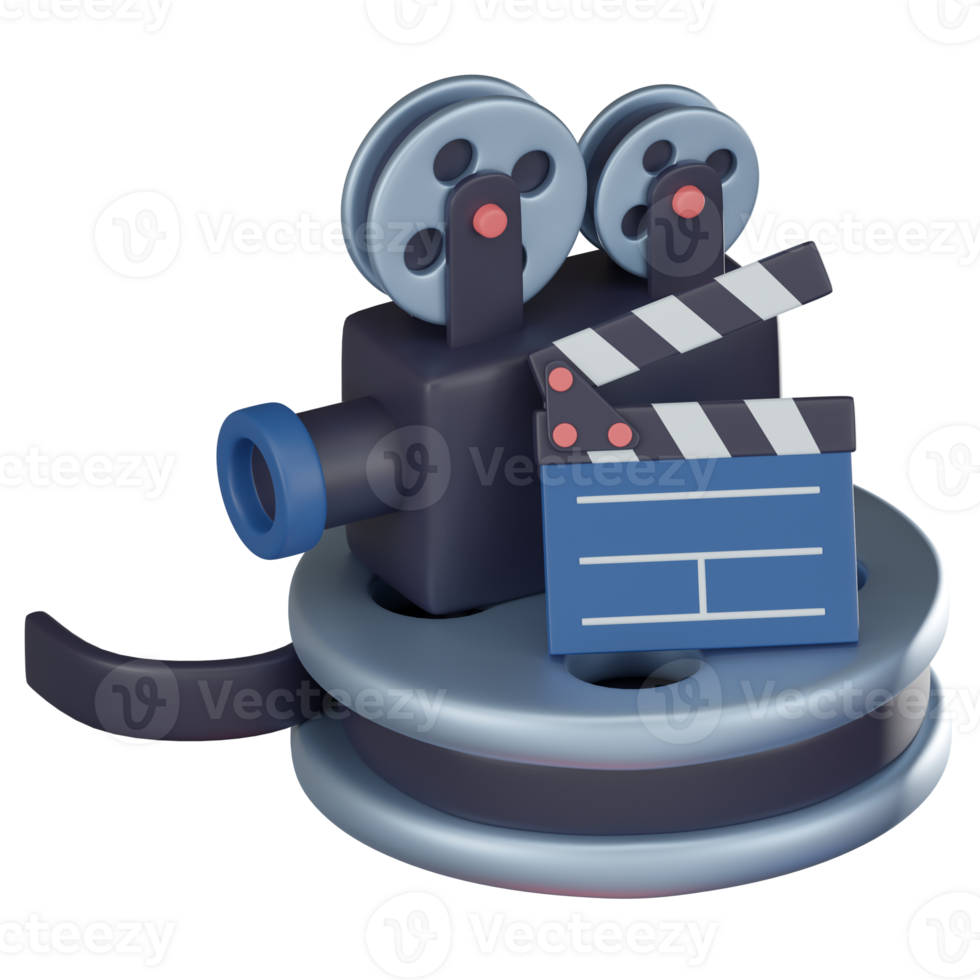 Cinematic Symphony of Movie Icons Clapperboard, Projector, and Movie Reel. 3D Render png