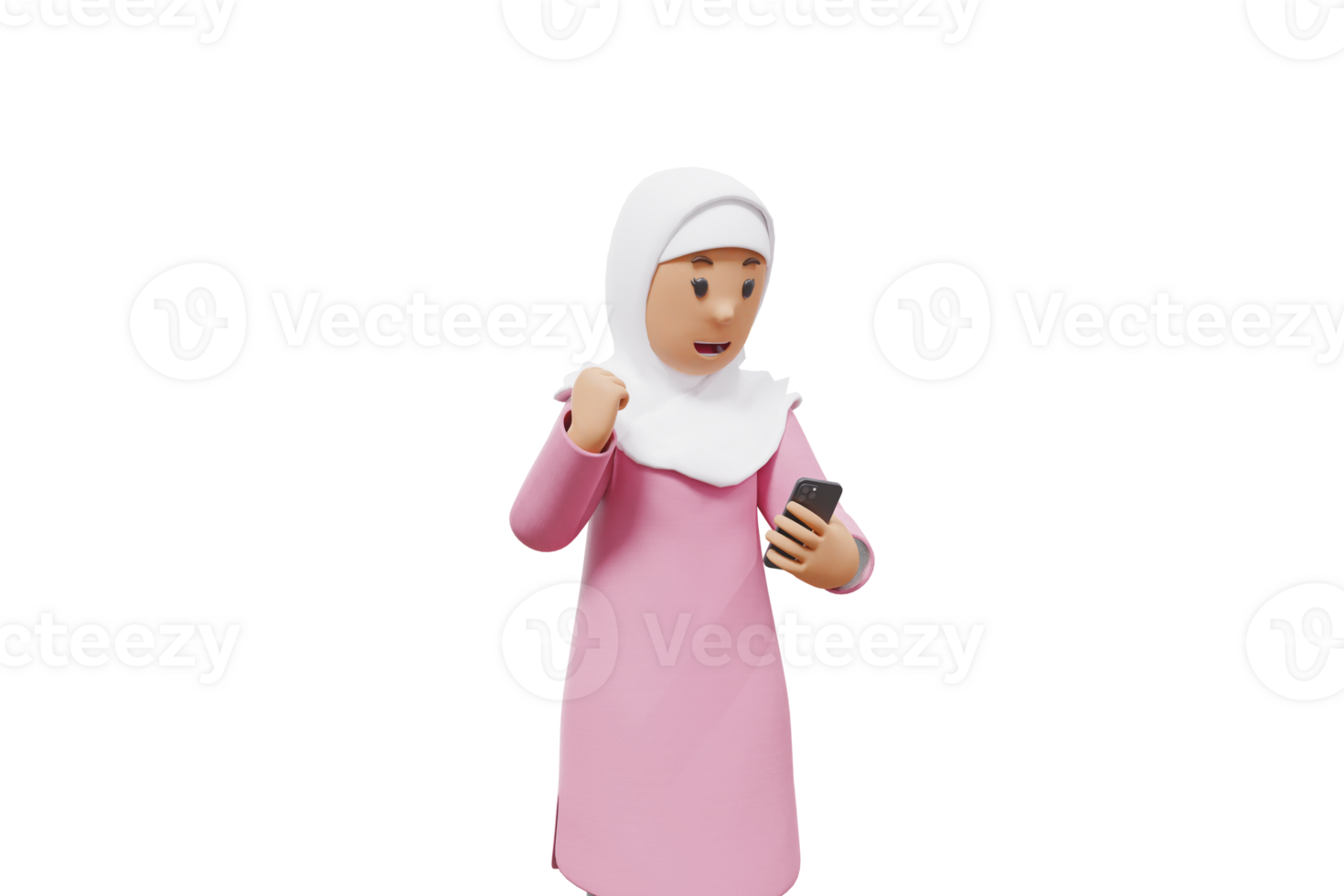 3d woman muslim holding phone and clenched his fists while making an expression of happiness at getting something on his cellphone png