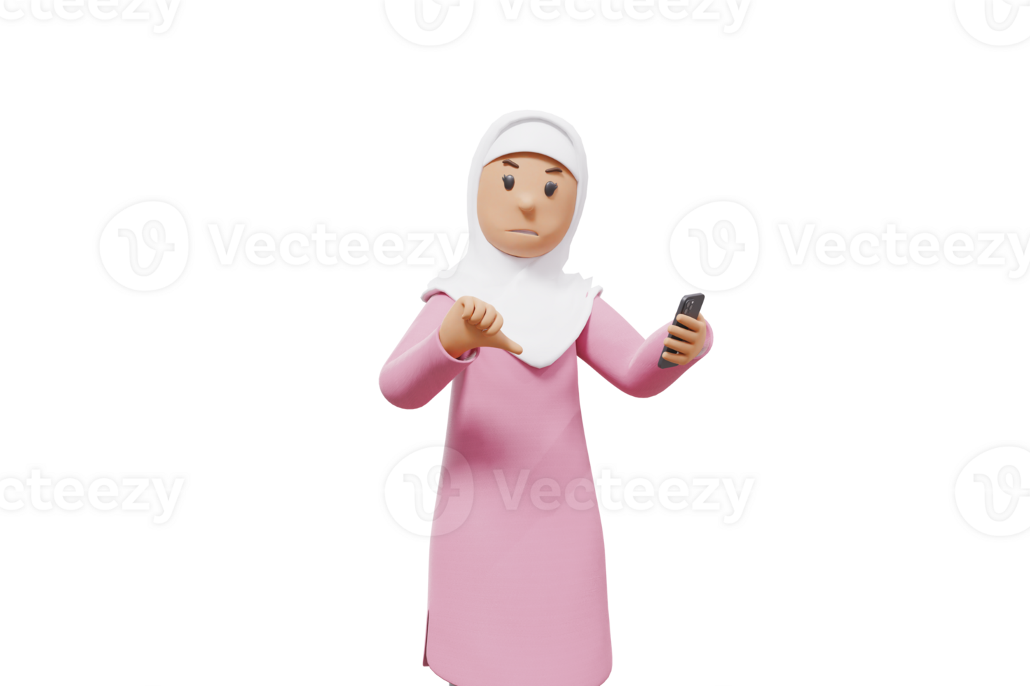 3d woman muslim holding cellphone and lowering her thumb towards the camera png