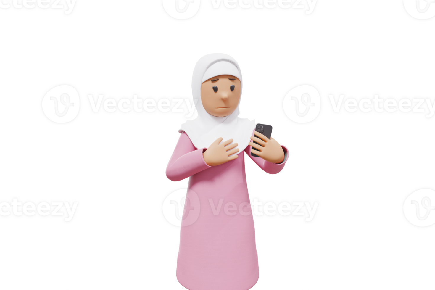 3d woman muslim is on a video call while stroking his chest and making a sad expression png