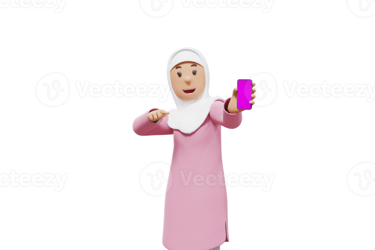 3d woman muslim points to her cellphone while showing her cellphone to the camera png