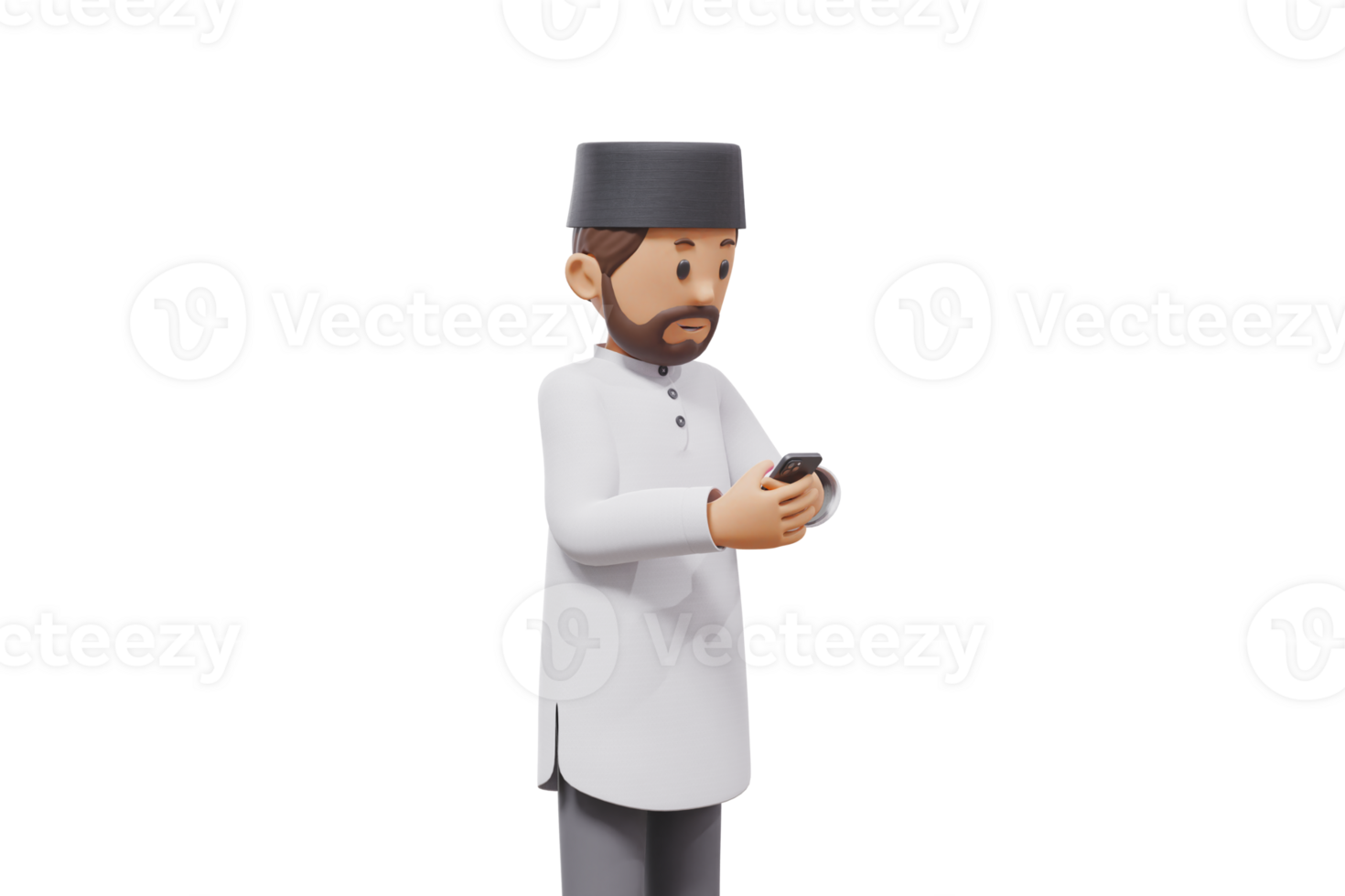 3d man holding a cellphone while interacting with transparent background png