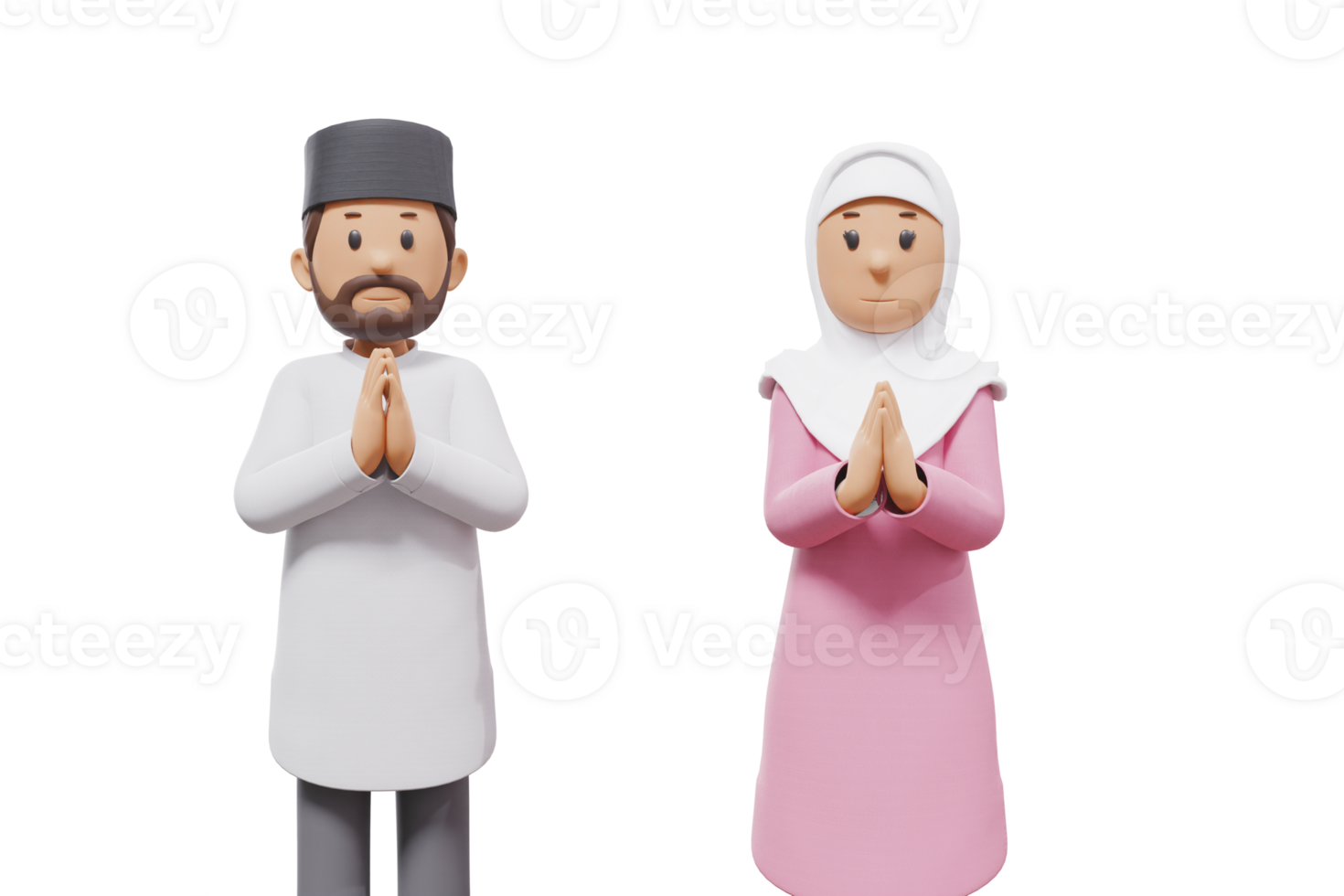 3D illustration of a Muslim man and woman greeting each other with transparent background png