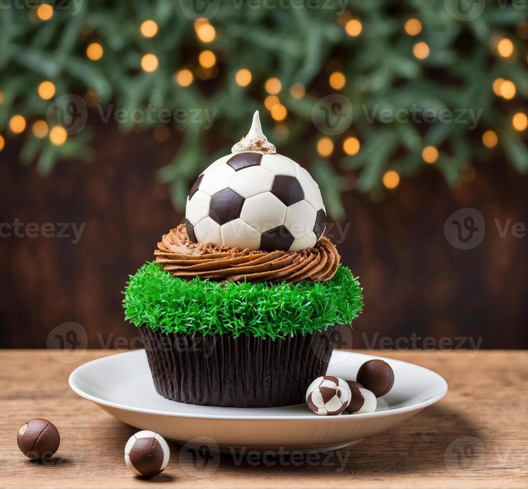 AI generated Chocolate cupcake with soccer ball on top and christmas tree background photo