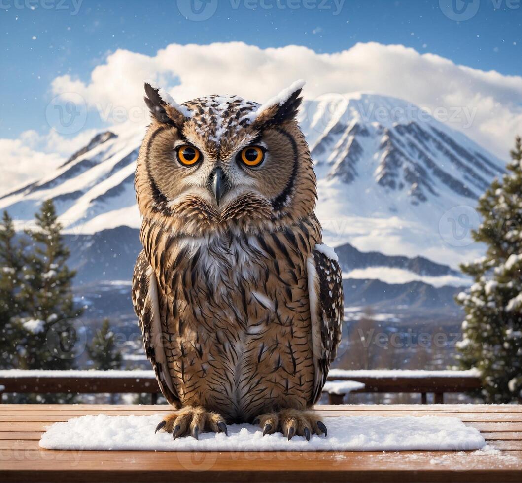 AI generated Beautiful owl sitting on a bench in front of the snow-capped mountain photo