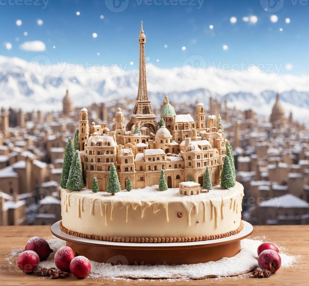 AI generated Fairy-tale cityscape of Paris, France on Christmas cake. photo