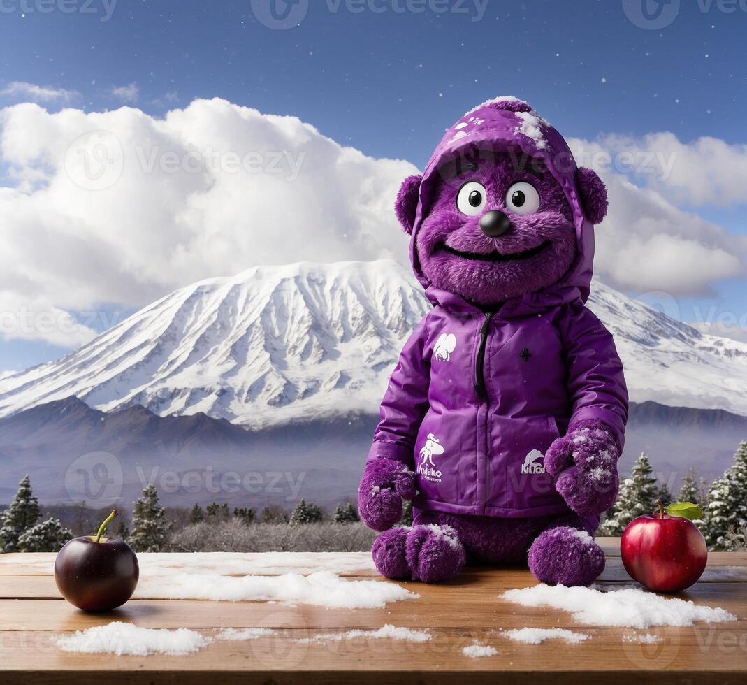 ai generado púrpura oso con rojo manzana y monte. fuji en el antecedentes foto