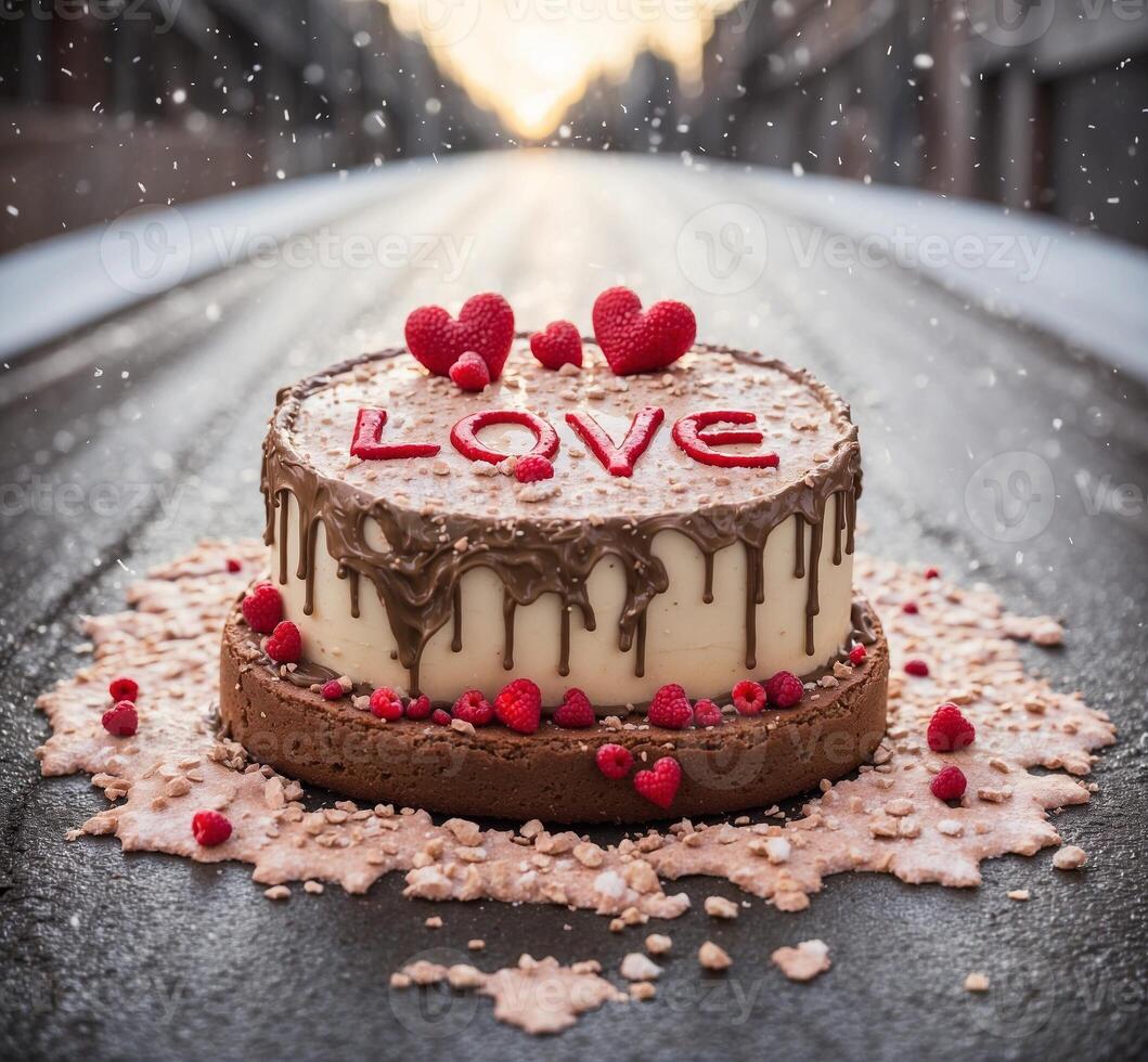 AI generated Chocolate love cake with red hearts and snowflakes on a black background photo