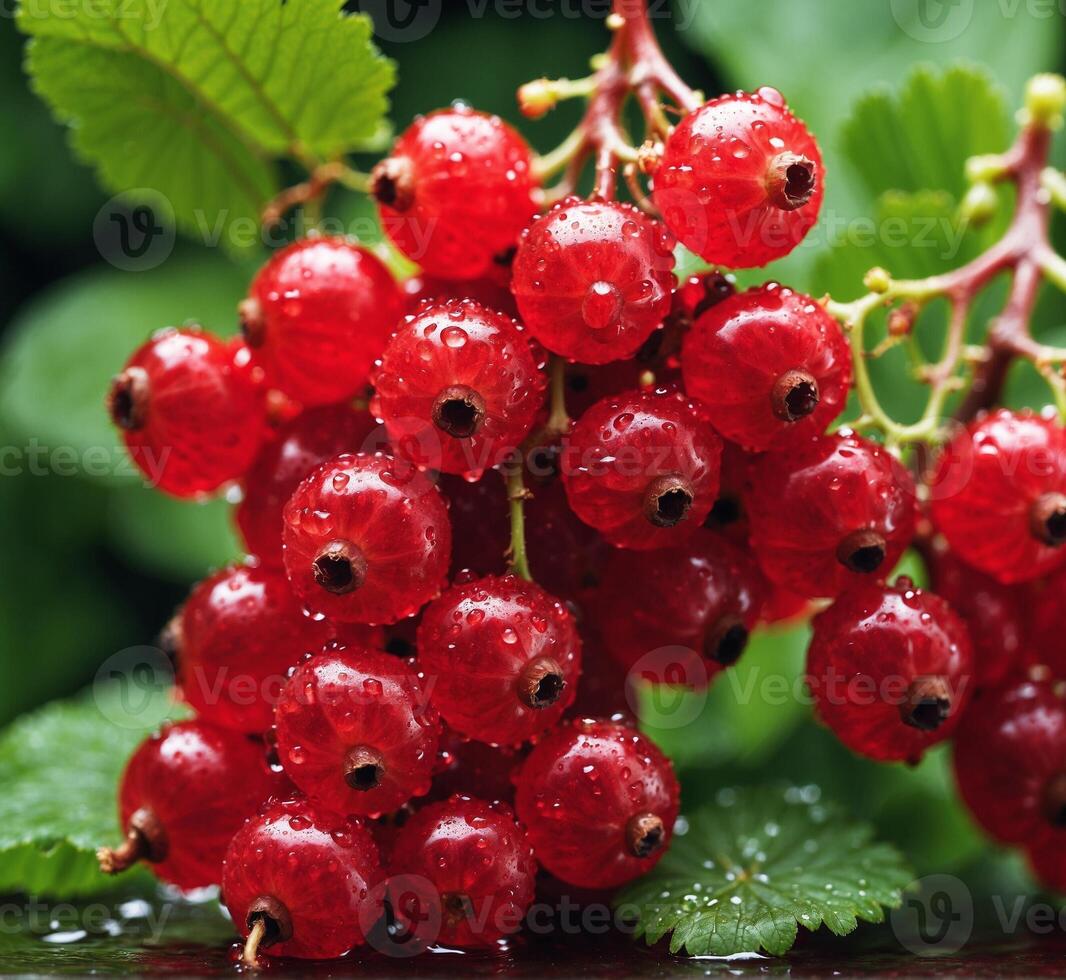 AI generated Red currant with water drops on a green background close-up photo