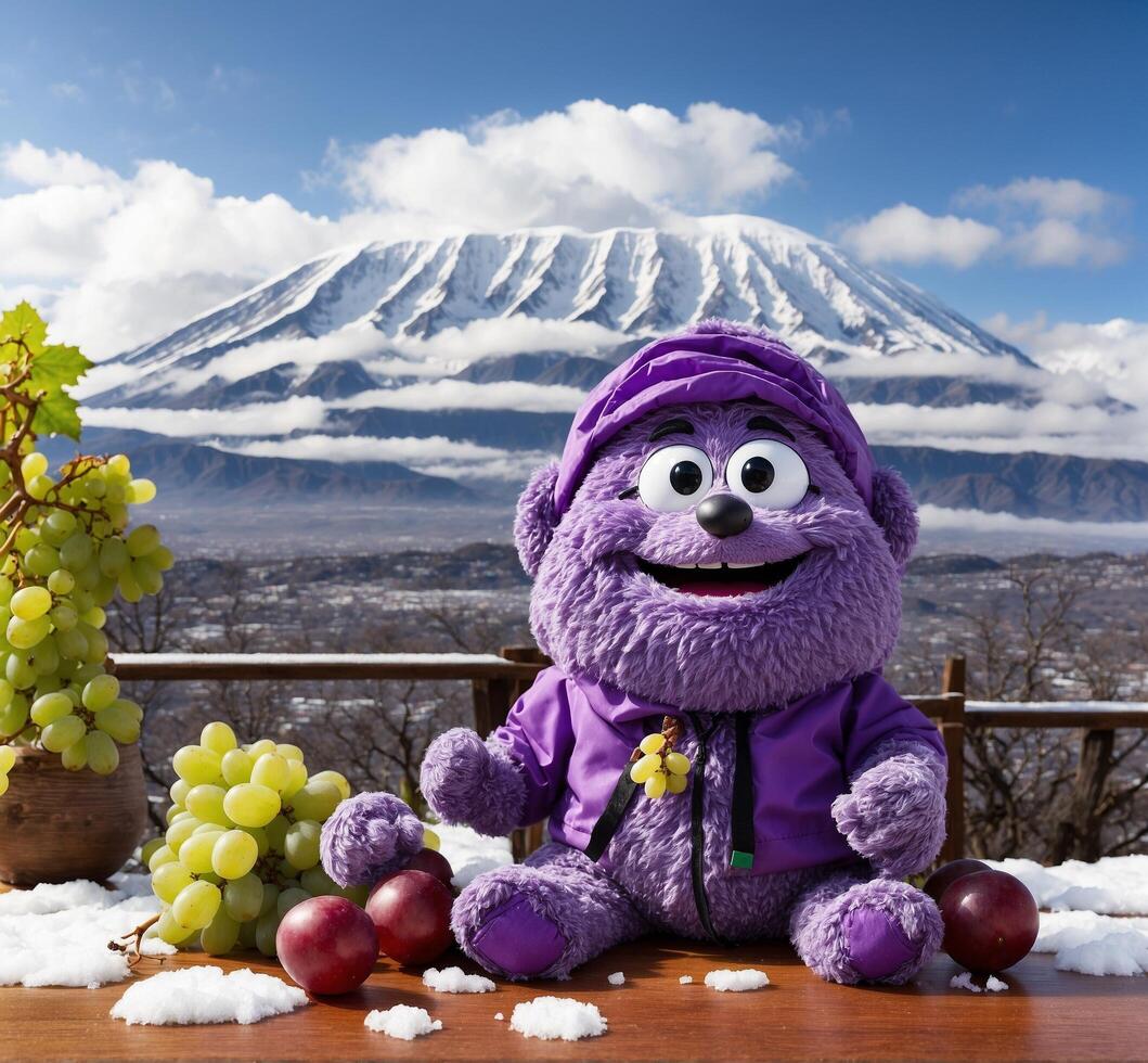 ai generado púrpura juguete oso mascota con uvas y monte. fuji en el antecedentes foto