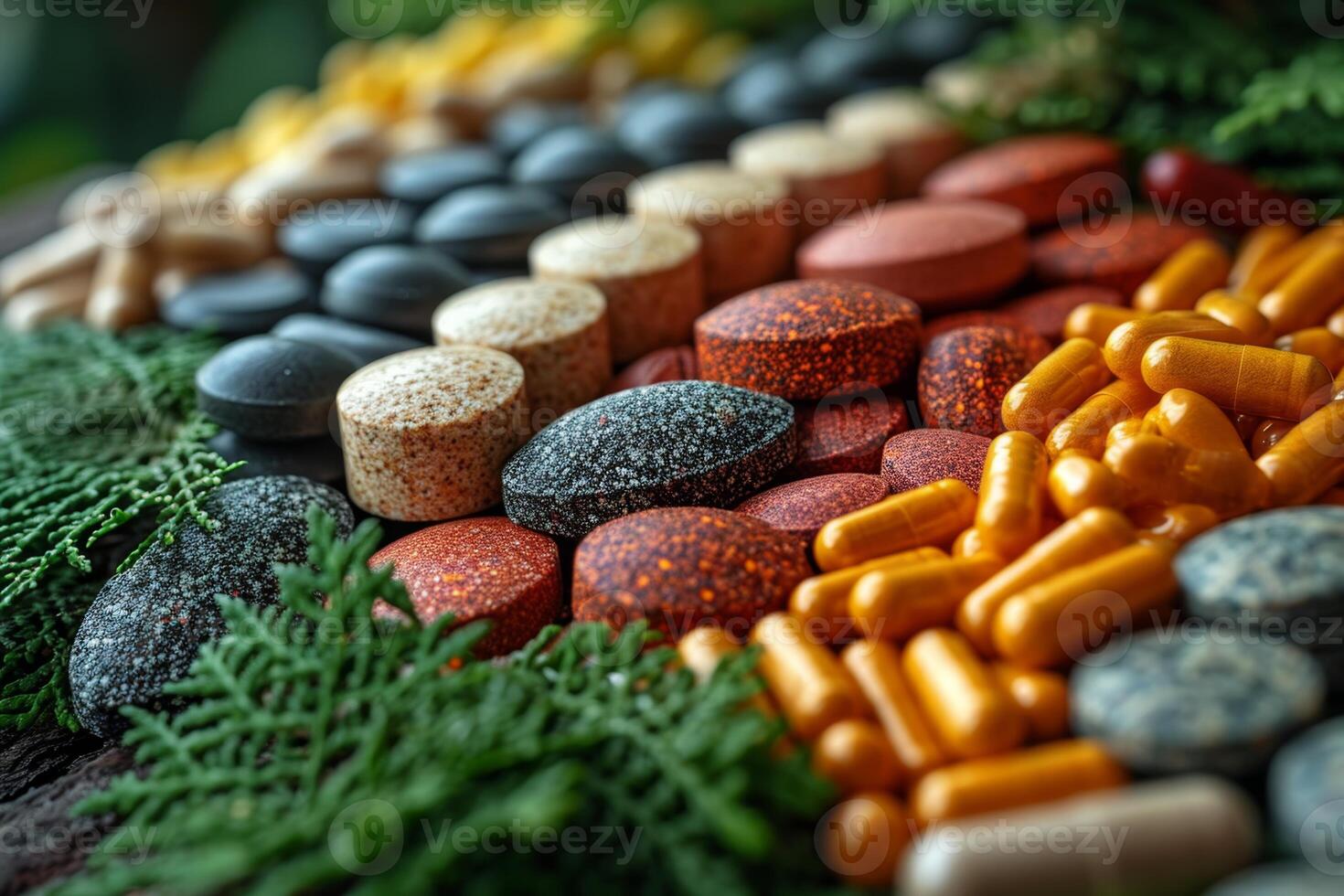 AI generated Close-up of vitamin capsules and dietary supplements. Including vitamin C, vitamin E, vitamin D3, salmon oil, fish oil and coenzyme Q10 capsules photo