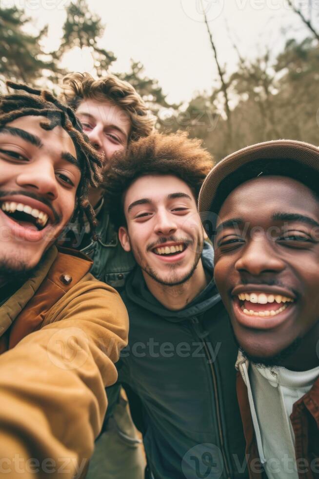 AI generated A reusable young group of happy people takes a selfie photo on a camera outside