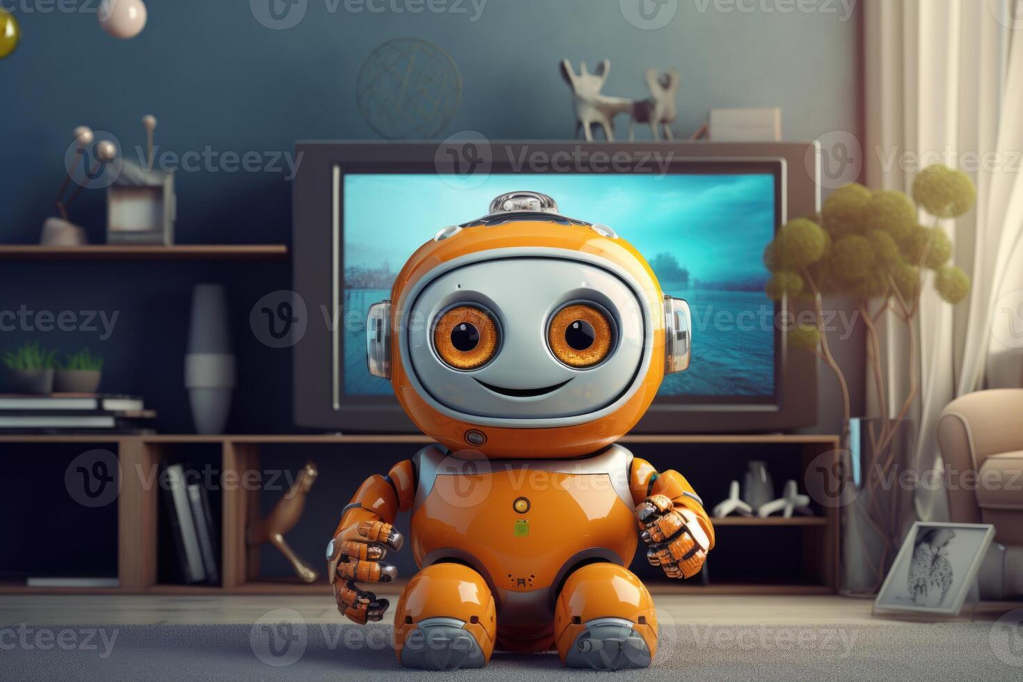 AI generated A funny animated house robot is sitting in a room. Cartoon photo