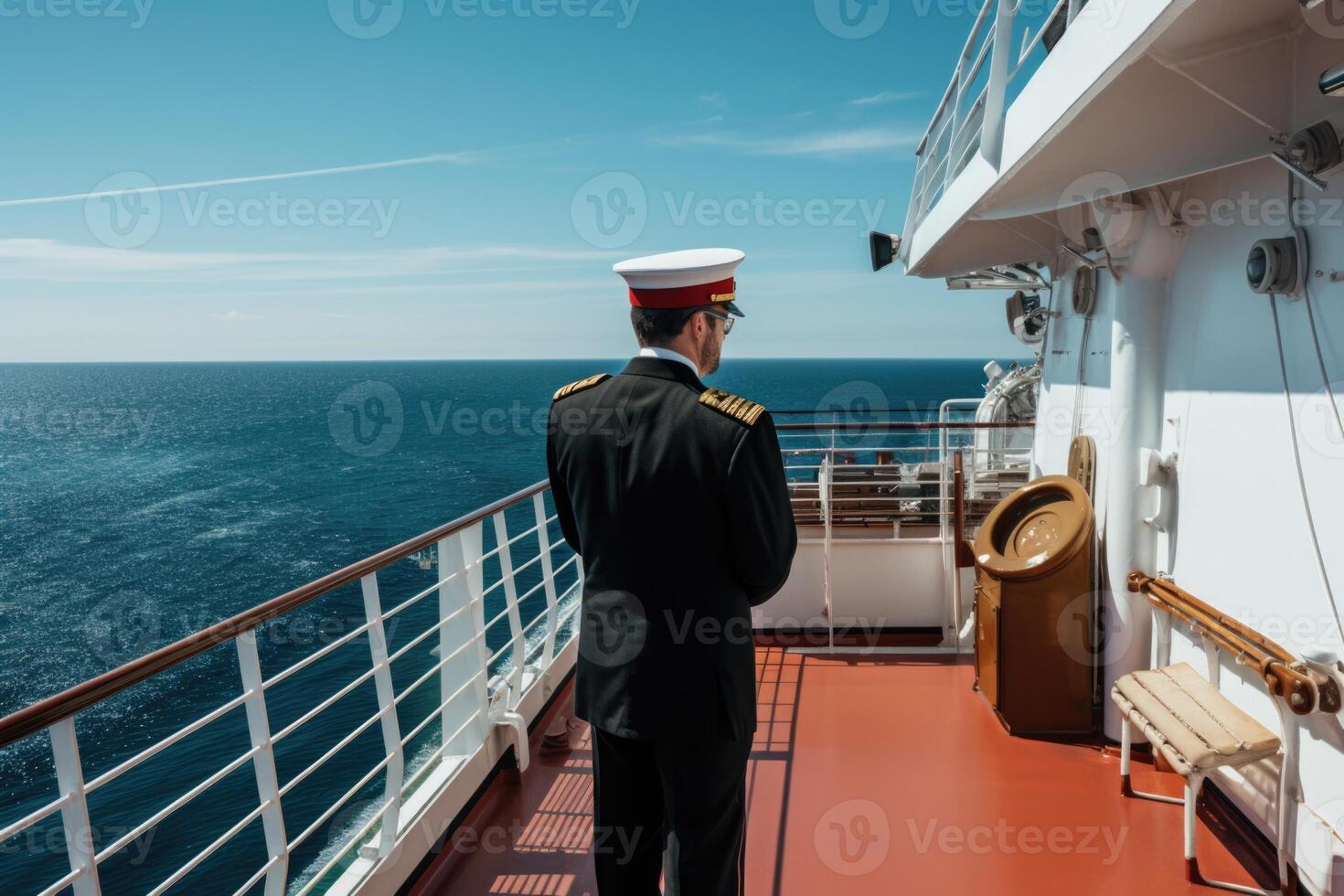 ai generado el capitán de el Embarcacion es en el cubierta de su barco. un hombre en el cubierta de un Embarcacion foto