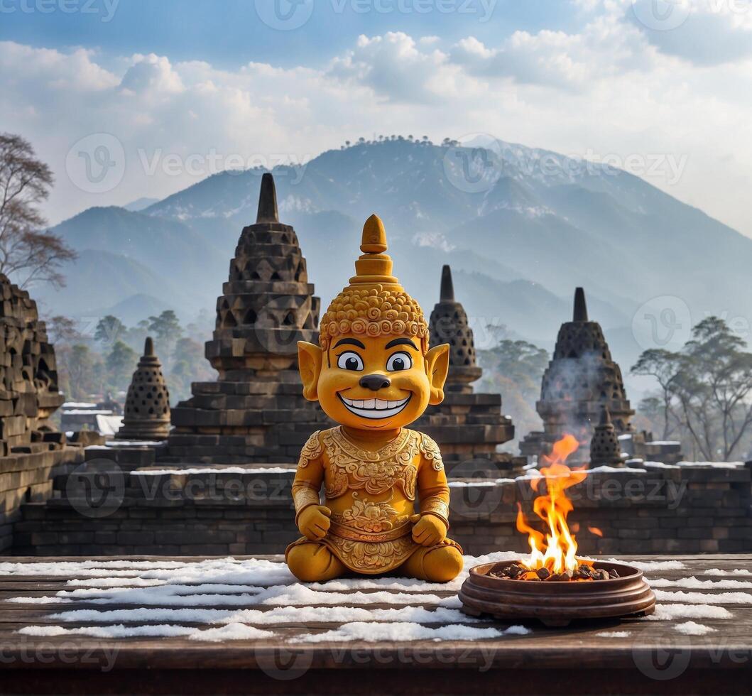 AI generated Buddha statue with fire in the temple of Borobudur, Java, Indonesia photo