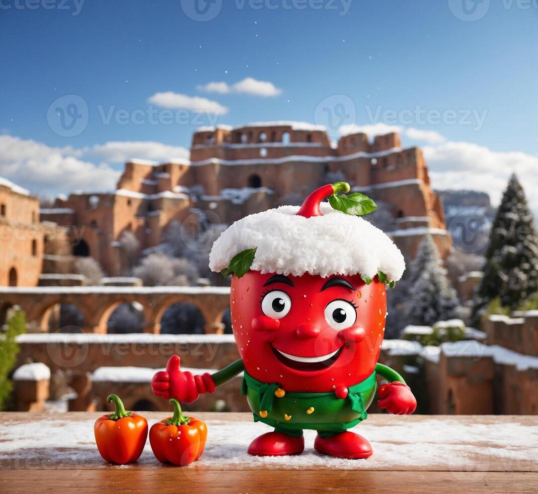 AI generated red pepper mascot character in front of Colosseum in Rome, Italy photo