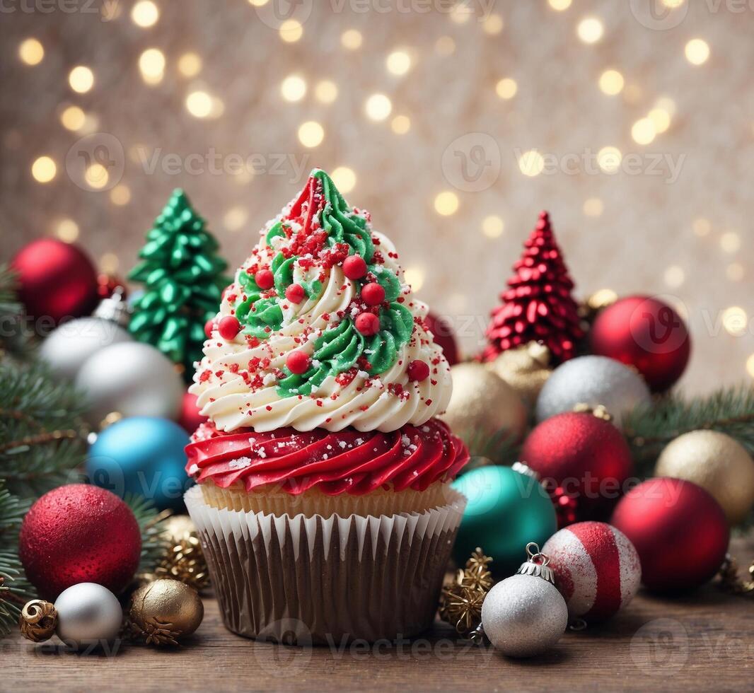 AI generated Christmas cupcake with decoration on bokeh background. Copy space photo