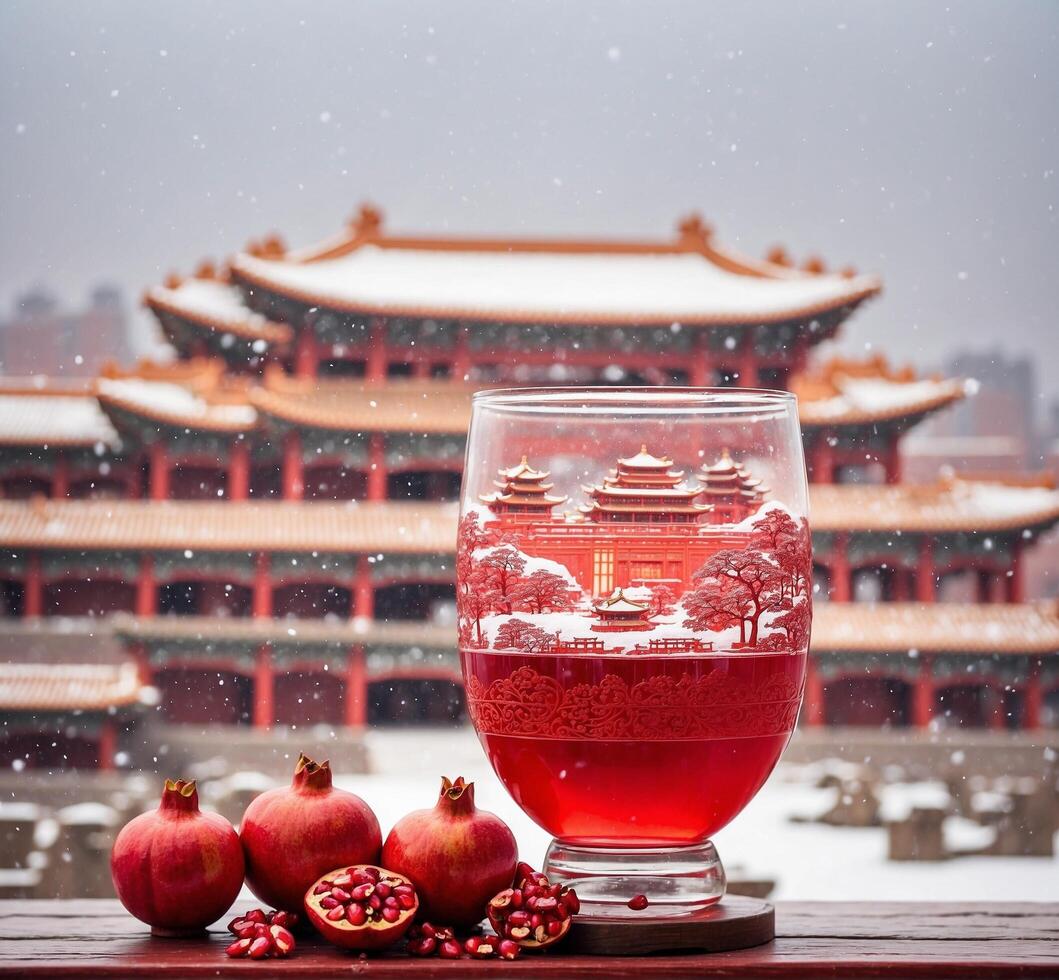 AI generated Glass of pomegranate juice with pomegranate seeds in the snow photo