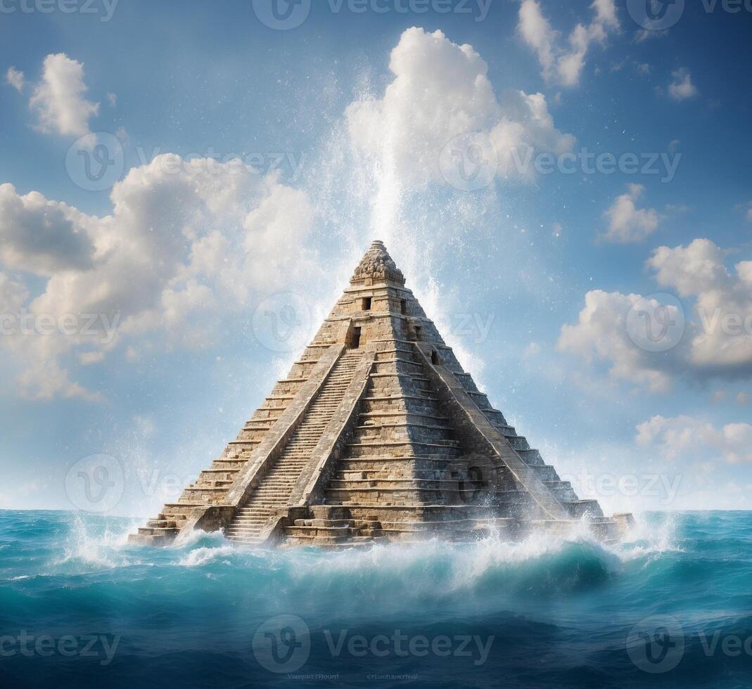 AI generated Ancient Mayan pyramid in the sea. 3d rendering and illustration photo