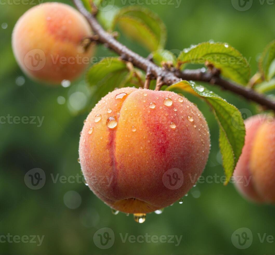 AI generated Ripe peaches on a branch with drops of water after rain photo