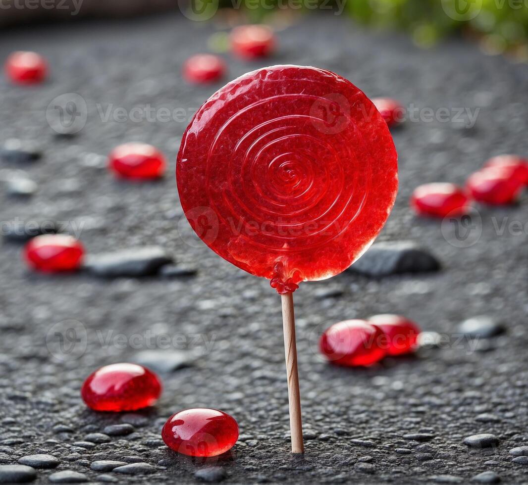 AI generated Red lollipop on a stick on a black stone background. photo