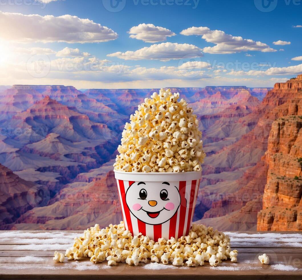 AI generated Popcorn bucket with funny face on the background of Grand Canyon photo