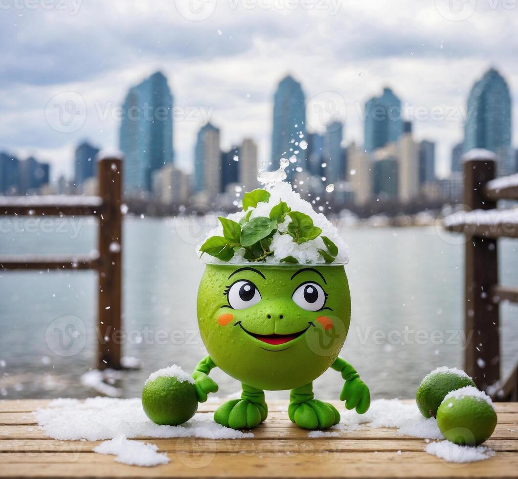 AI generated Ceramic pot with funny face, mint and lime on wooden deck with cityscape background photo