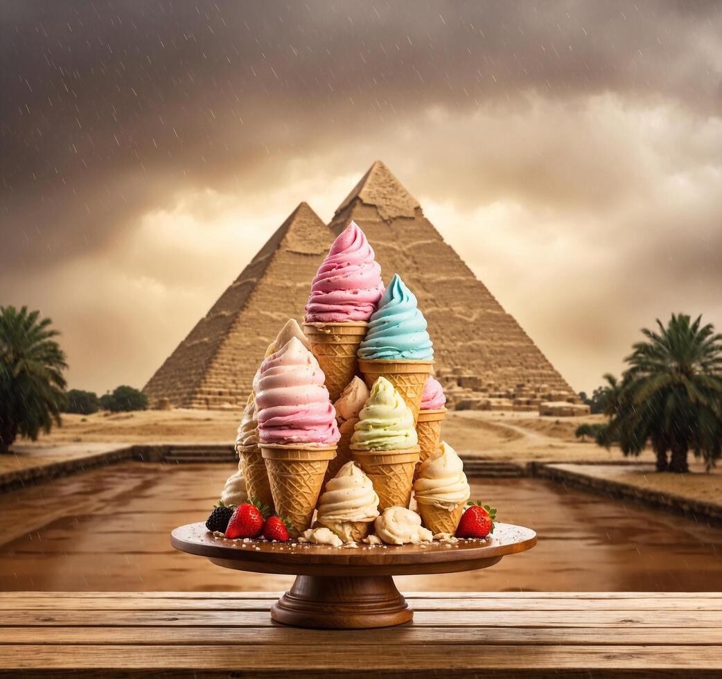 AI generated Ice cream in a waffle cone on a wooden table against the background of the pyramids photo