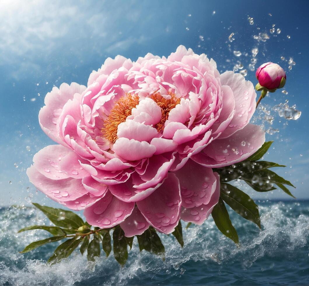 AI generated pink peony flower with water drops on blue sky background. photo