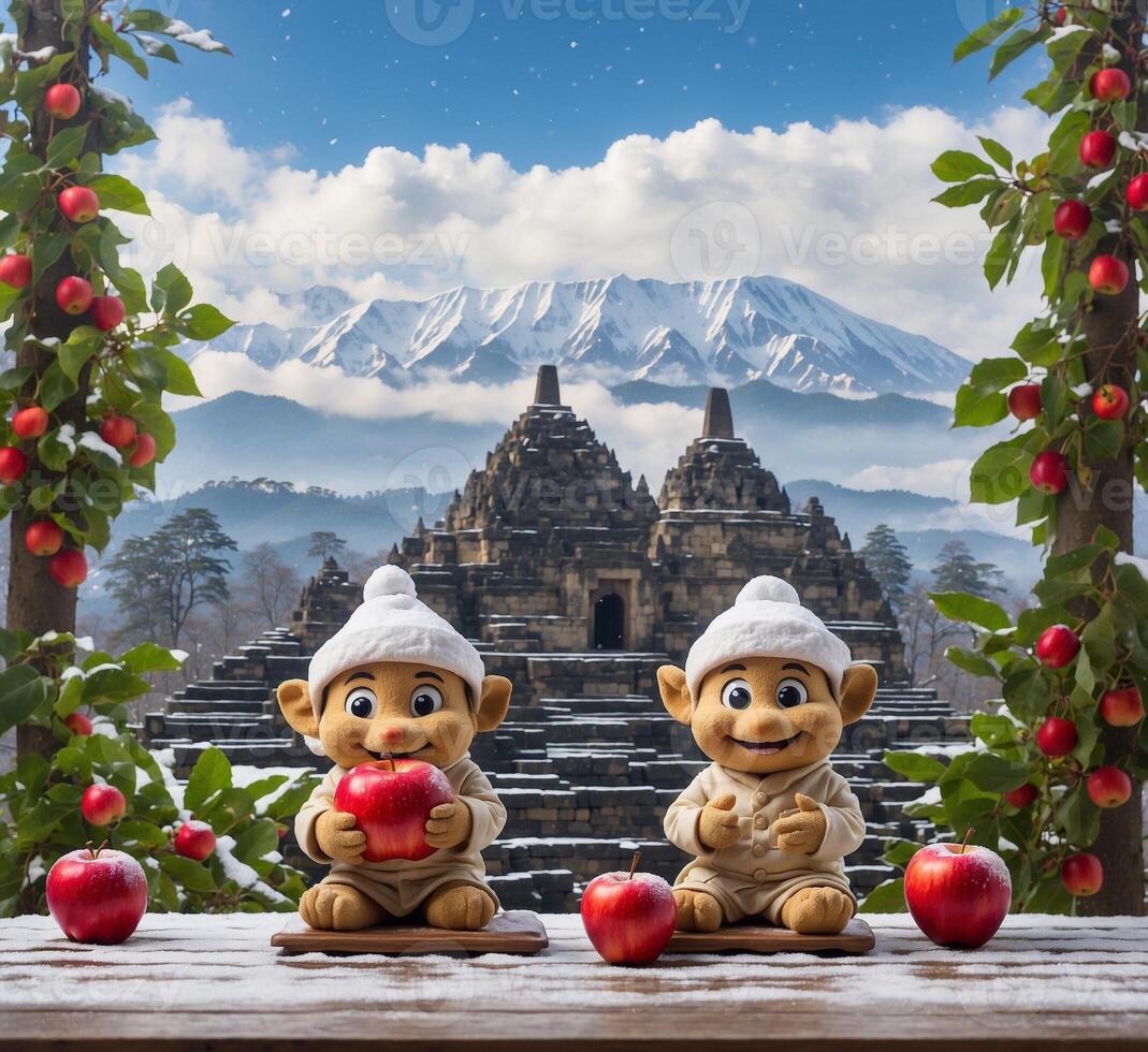 AI generated Couple of monkey and apple on wooden table with snow mountain background photo