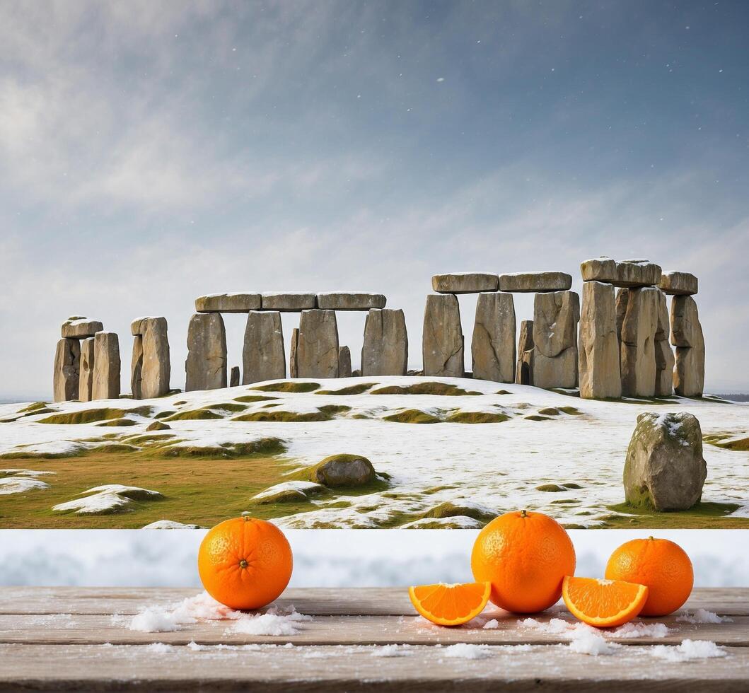 AI generated Stonehenge in winter with tangerines and snow, England photo