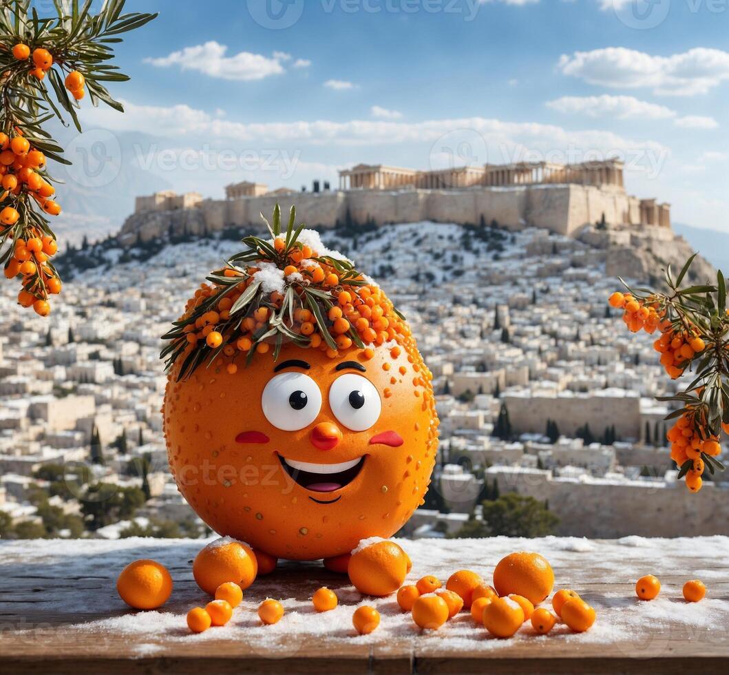 AI generated Funny tangerines mascot character on the background of the Acropolis, Athens, Greece photo