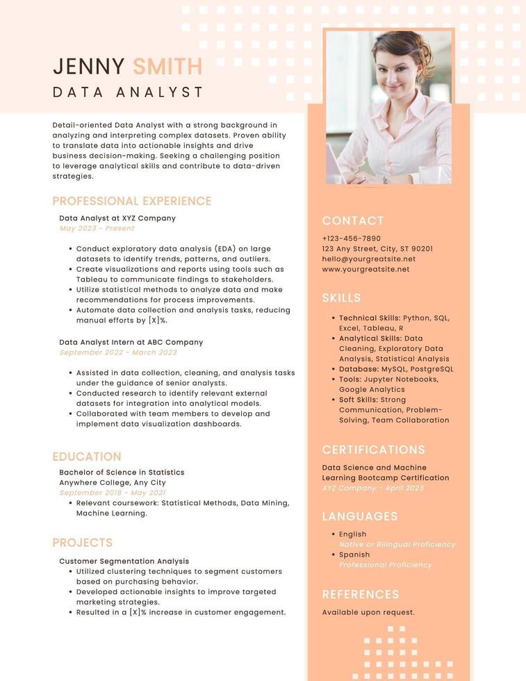 Minimalist Data Analyst ATS Resume Template with Peach Color Theme