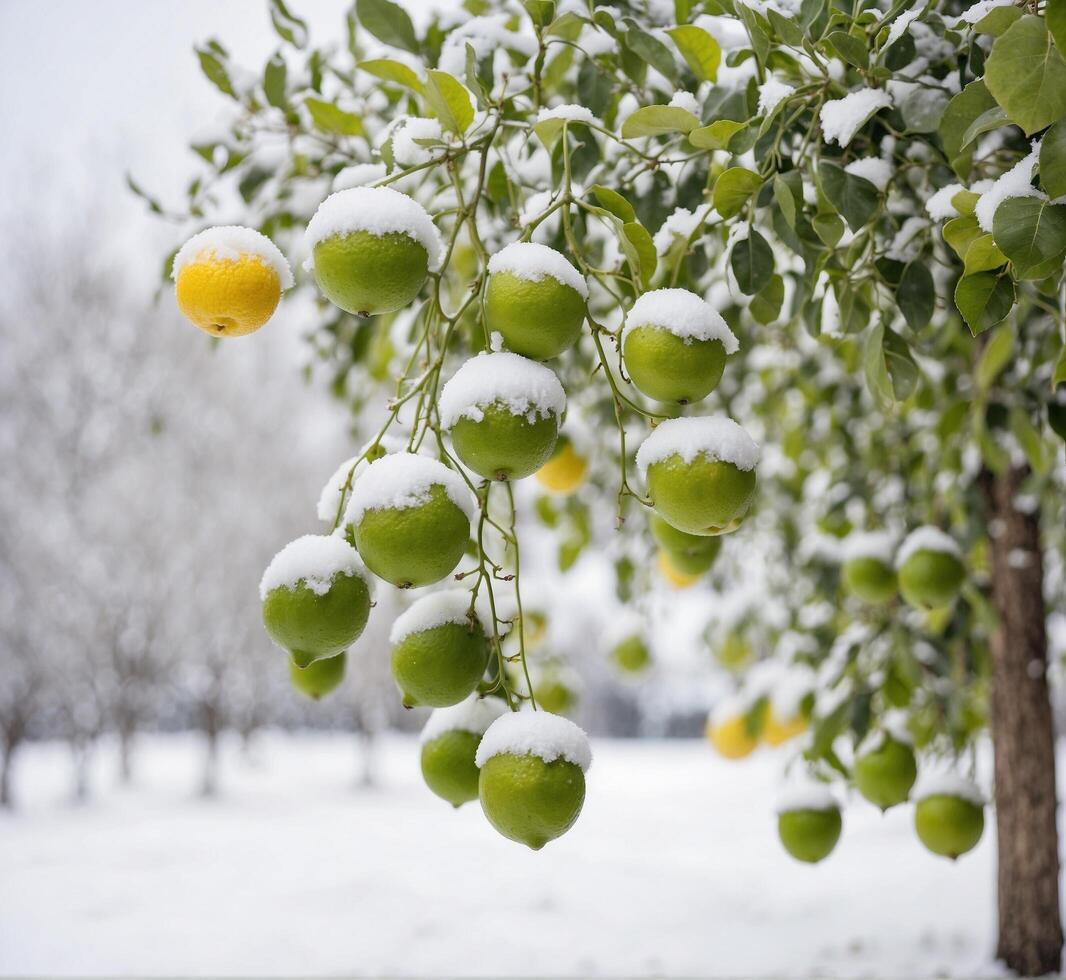 AI generated Lemon trees in the snow. The concept of winter, cold weather. photo