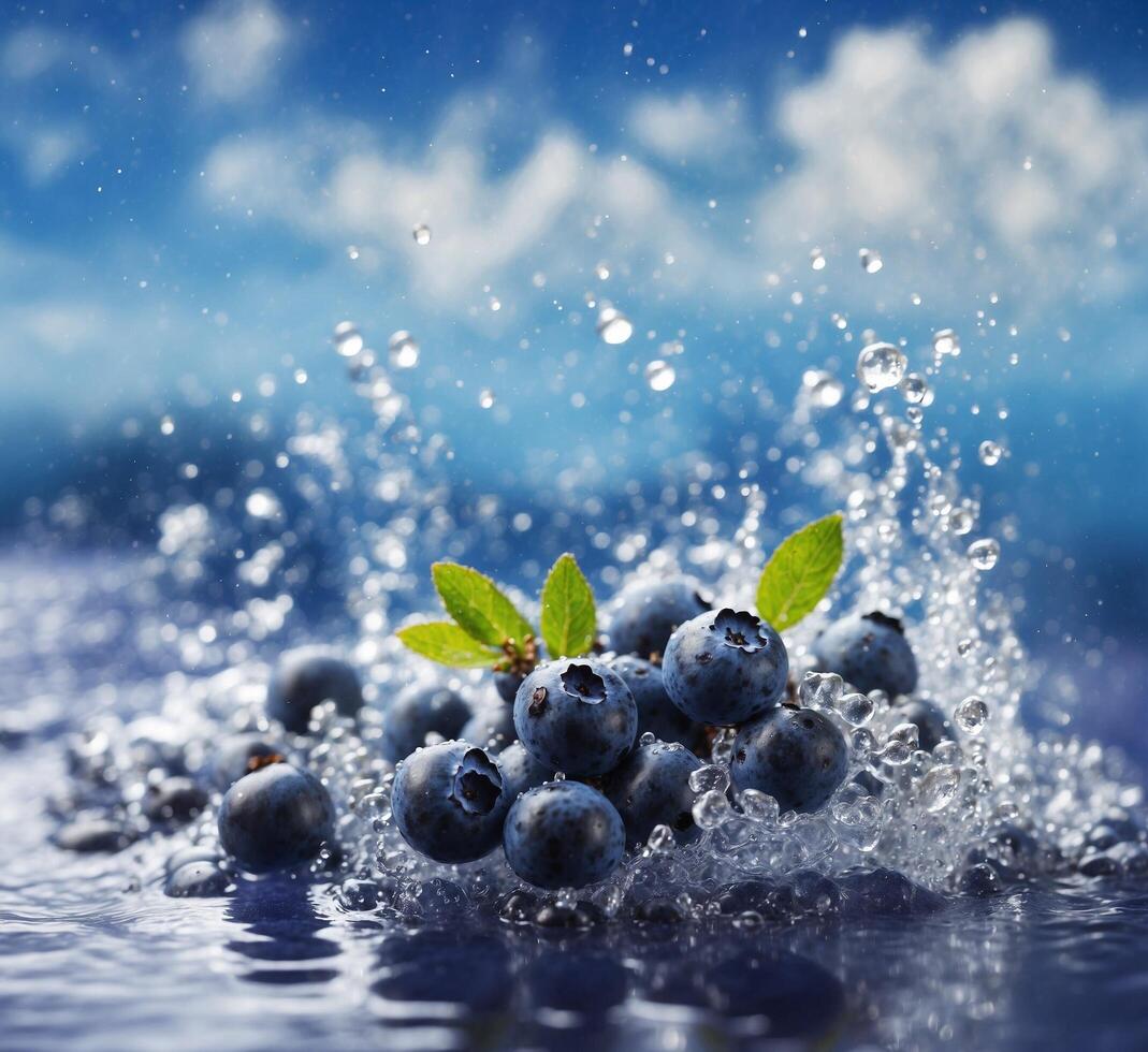 AI generated Fresh blueberries with water splash on blue background. Blueberry antioxidant organic food. photo