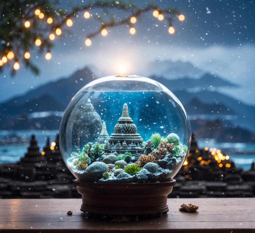 AI generated Snow globe with outdoor view of Bali island, Indonesia at night photo