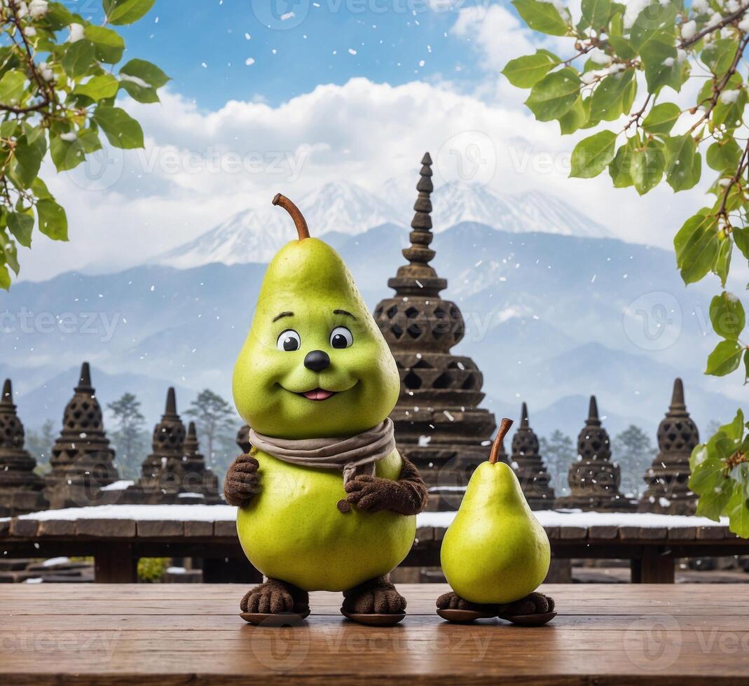 AI generated Cute green pear mascot character on the background of the volcano. photo