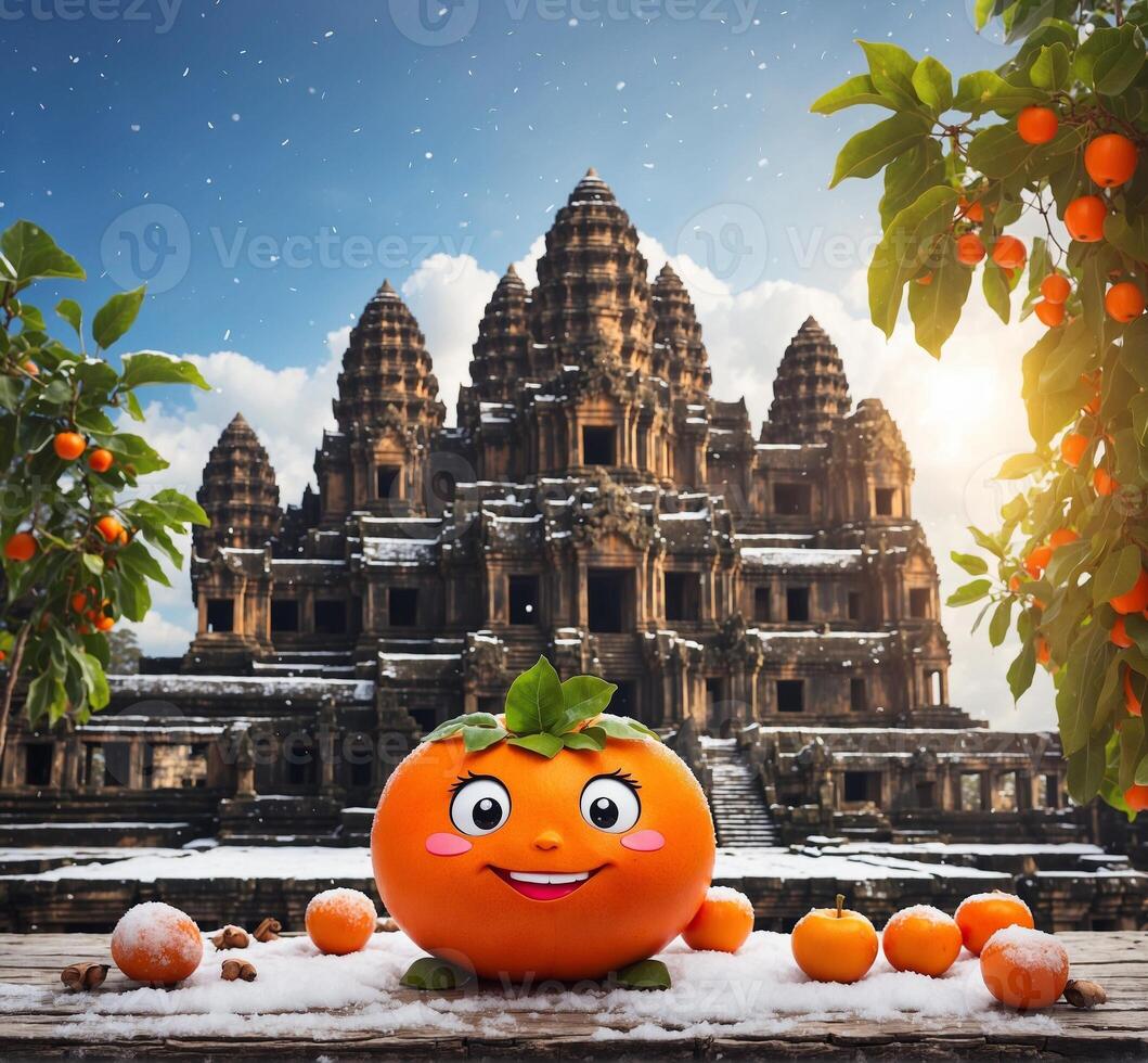 AI generated Prambanan temple with persimmon mascot in the snow. photo