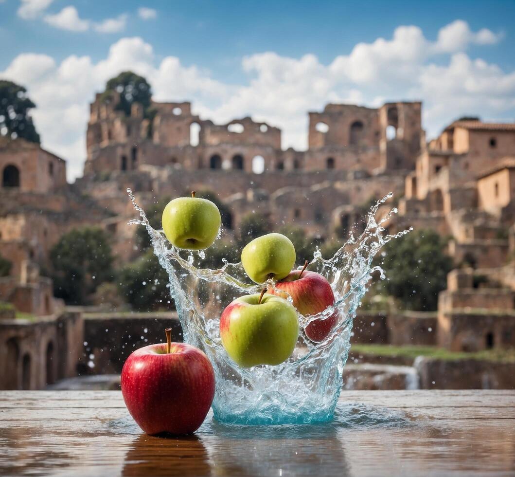 AI generated Water splash and red apples in front of Roman Forum, Rome, Italy photo