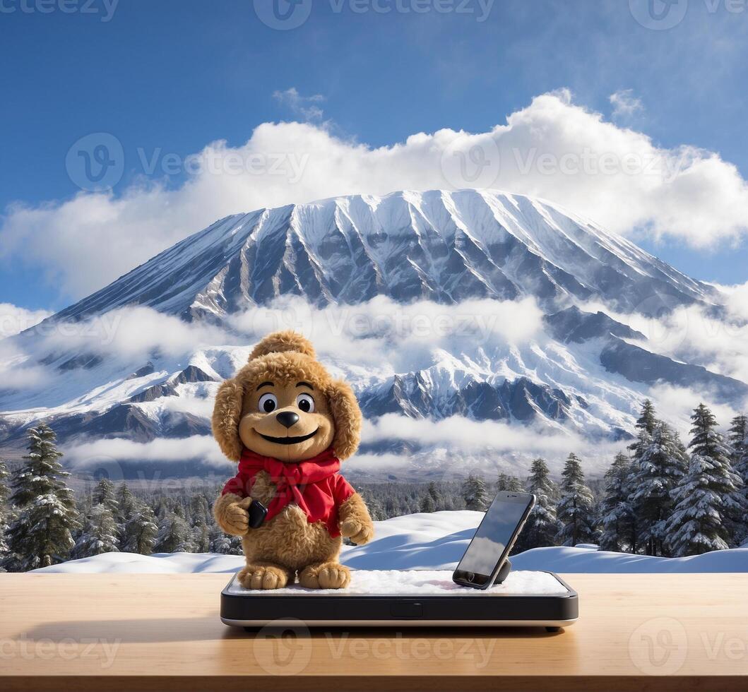 ai generado linda osito de peluche oso con móvil en de madera mesa con monte. fuji en el antecedentes foto