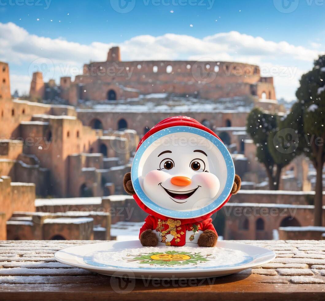 AI generated Plate mascot character on the background of Colosseum in Rome, Italy photo