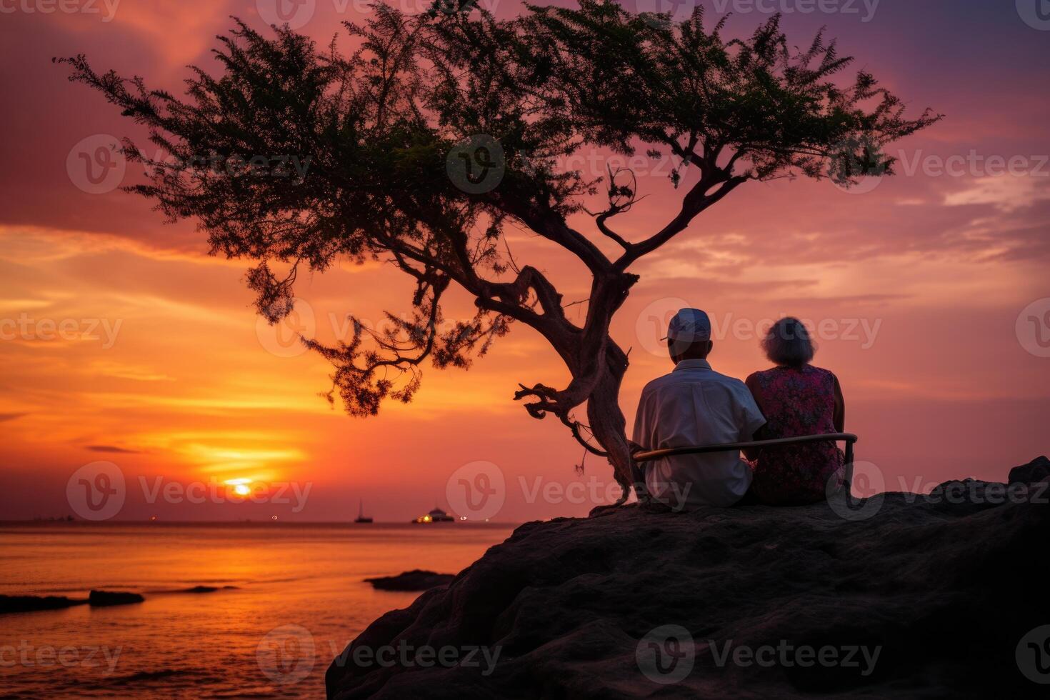 AI generated Silhouette of an elderly couple waiting for a colorful sunset sitting by the ocean photo