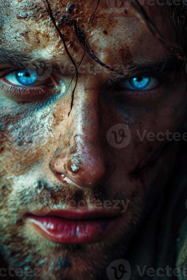 AI generated Close-up of a smeared serious male face with blue eyes on a dark background photo