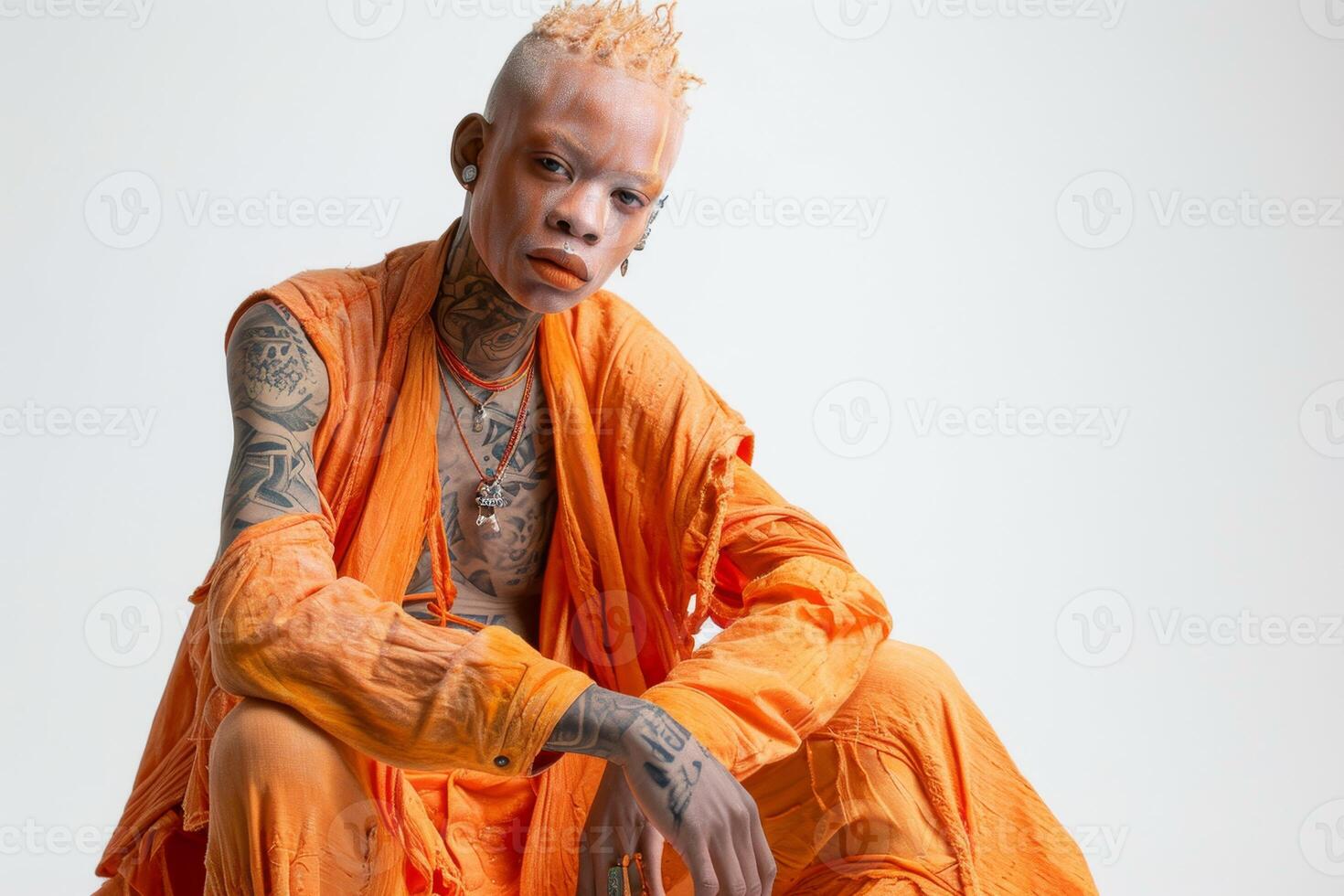 AI generated Portrait of an African man with tattoos on his face in orange clothes on a white background photo