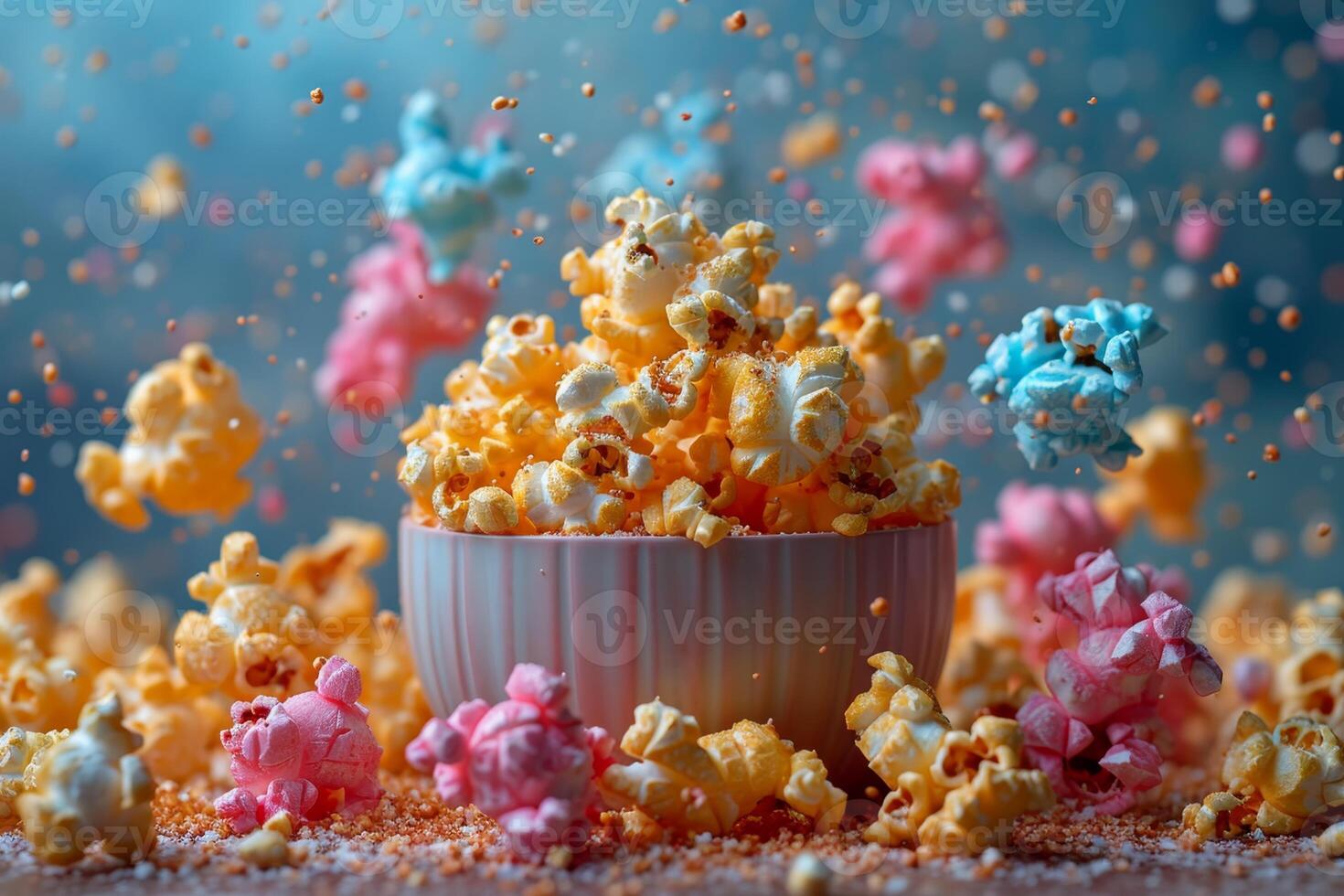 AI generated Close-up Of a flying colored Popcorn On a colored background Background photo