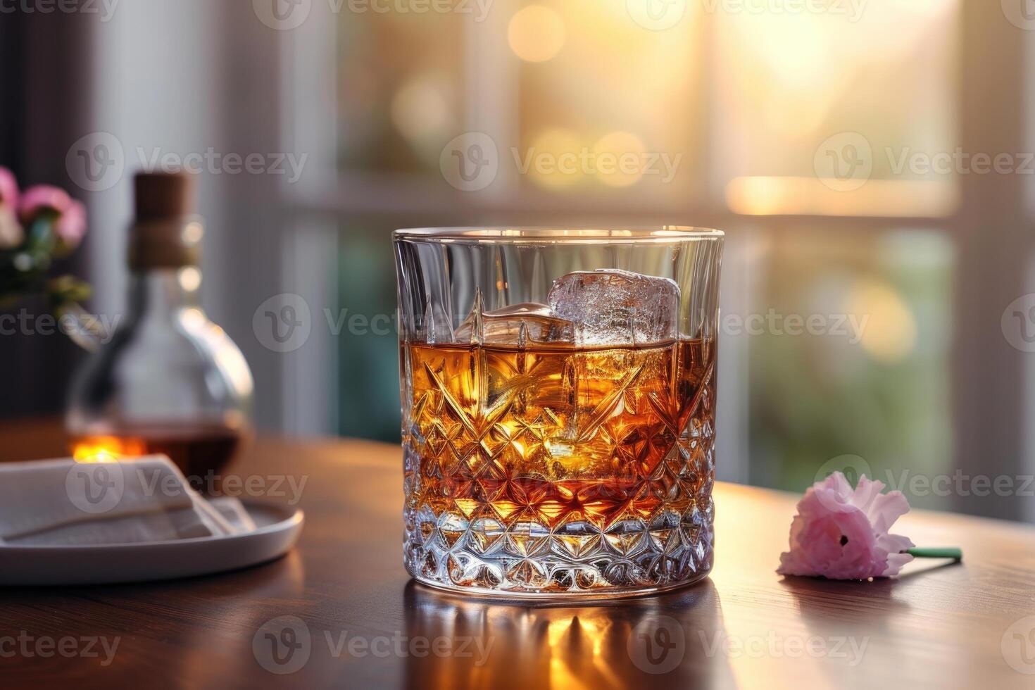 AI generated A glass of whiskey with ice on the table photo