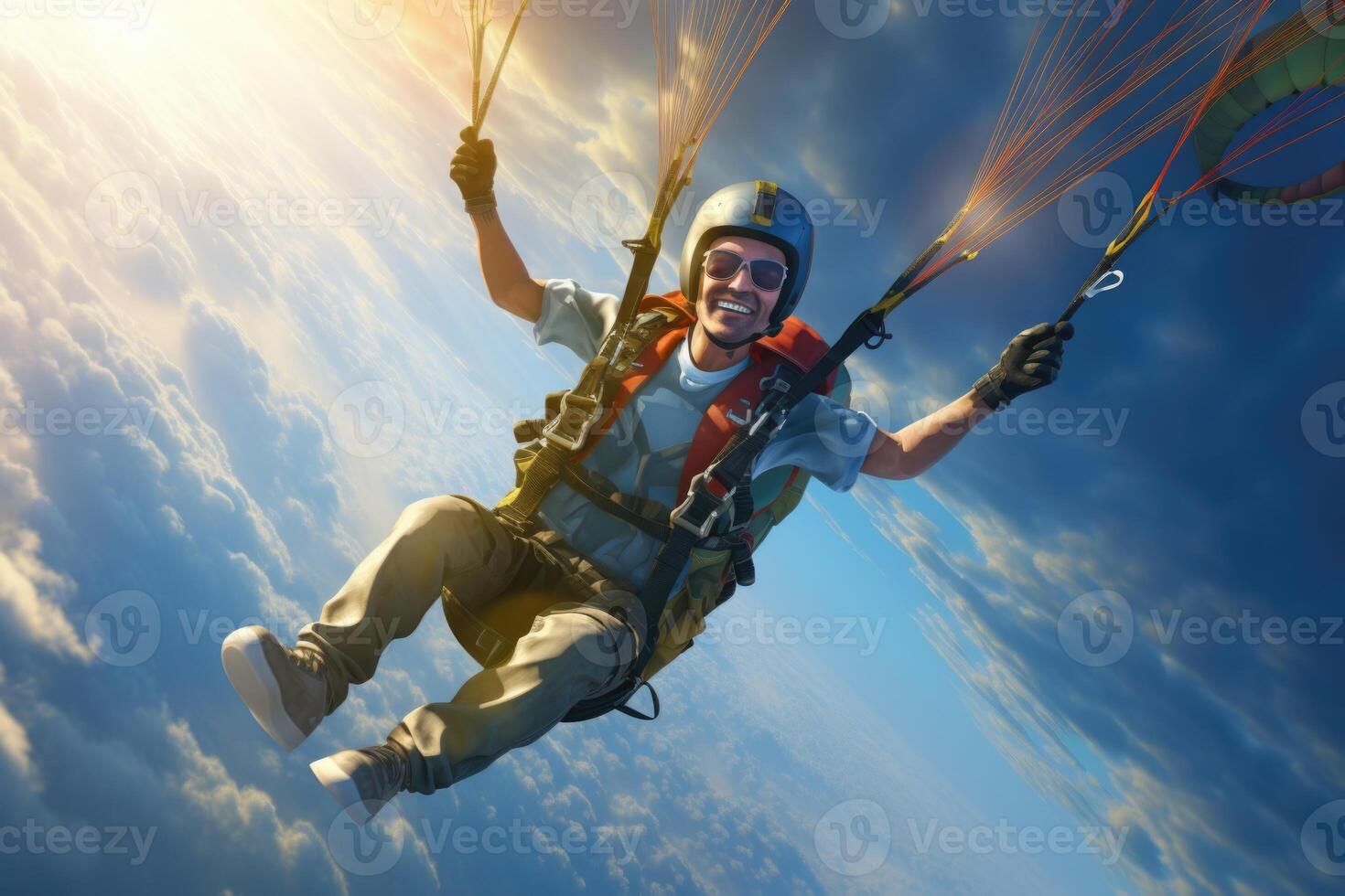 AI generated An emotional skydiver flies in the sky with an open parachute photo