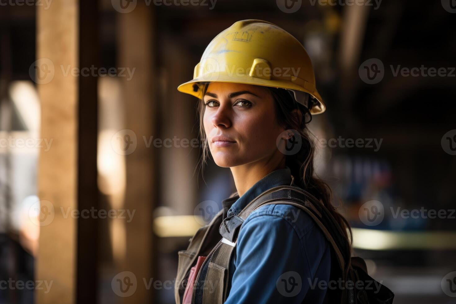 AI generated a woman engineer, builder or architect in a helmet against the background of a construction site photo