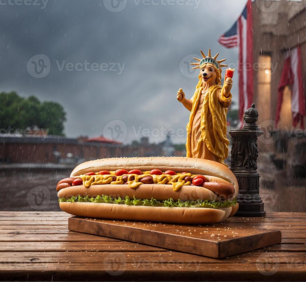 AI generated American hot dog with USA flag and statue on old wooden table. photo