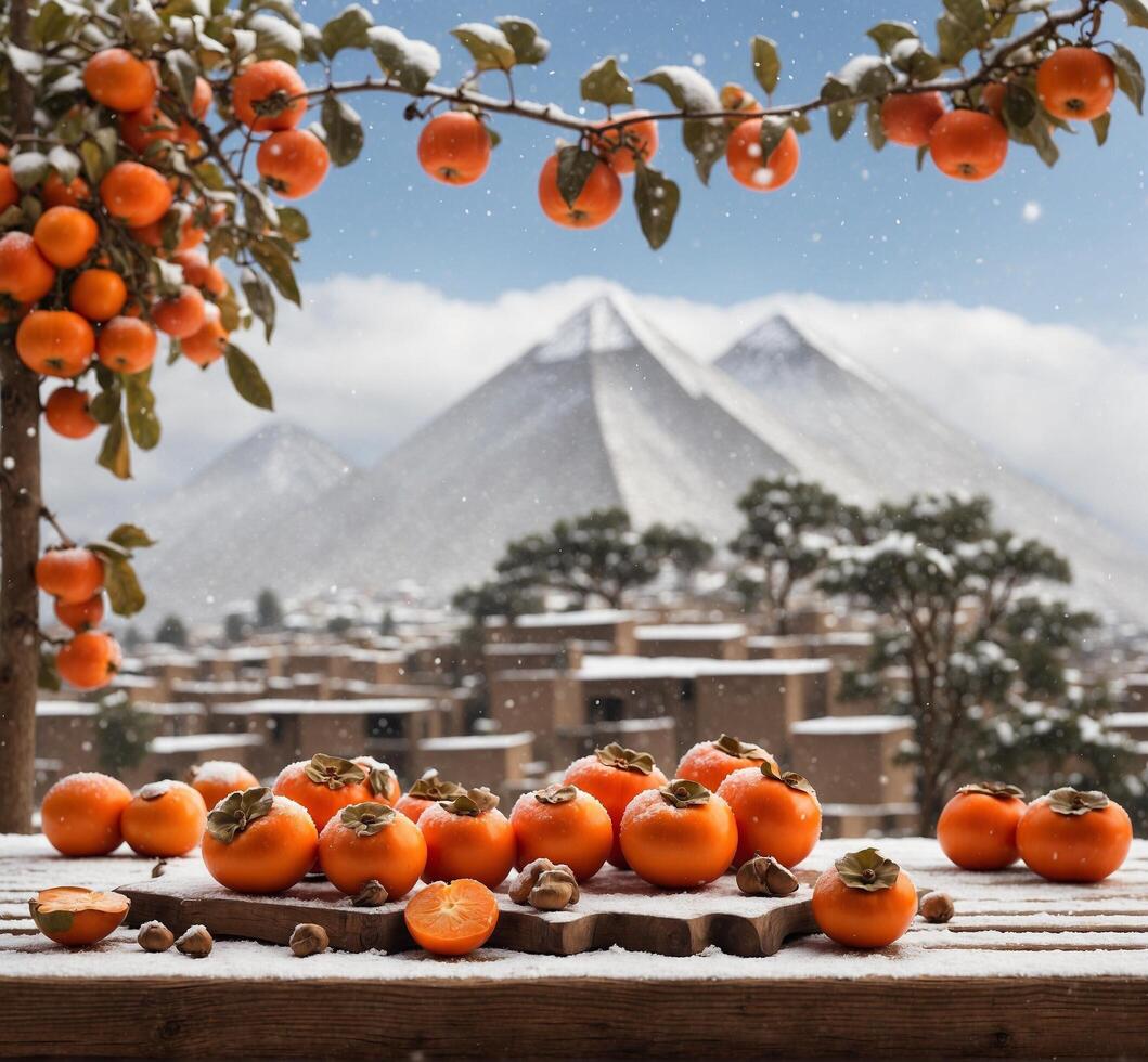 AI generated Persimmon fruits and Mount Fuji in the background, Japan. photo